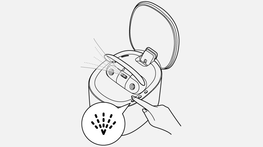 イラスト：ミストボタンを3秒間押し続け、前回使用して残った水を抜く