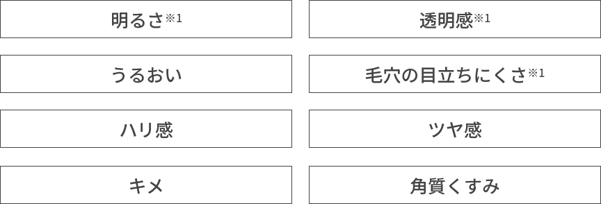 美肌ケア効果アイコン：明るさ、透明感、うるおい、毛穴の目立ちにくさ、ハリ感、ツヤ感、キメ、角質くすみ