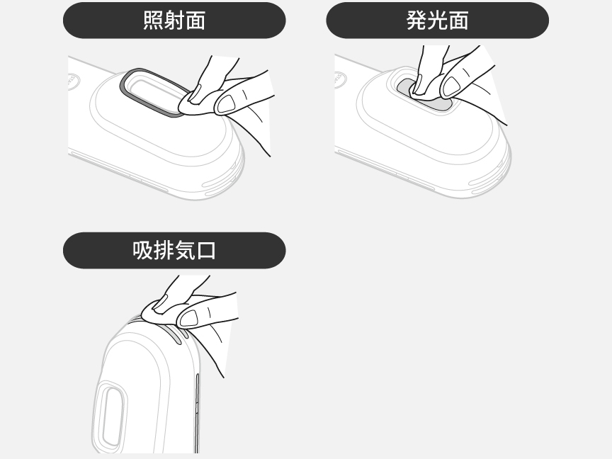 イラスト：照射面、発光面、吸排気口を乾いた布でふく様子