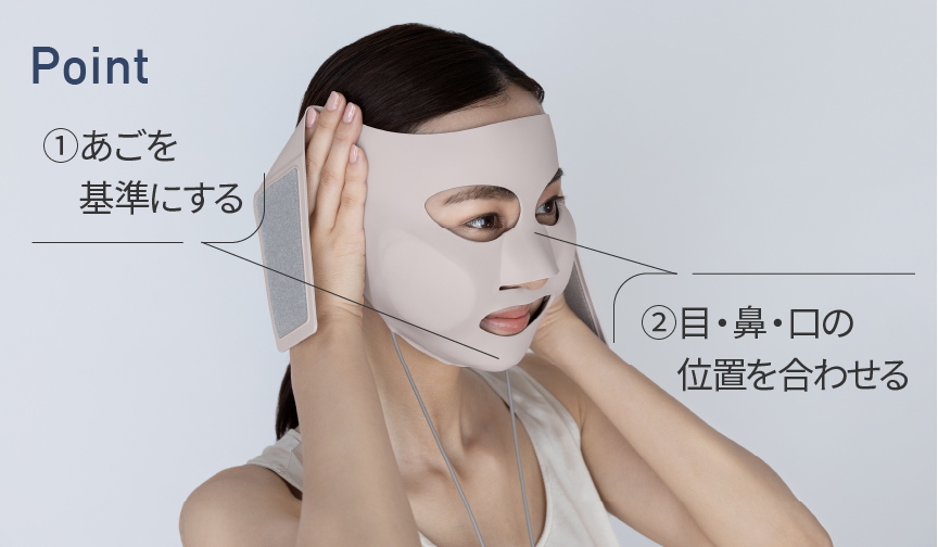 マスク型イオン美顔器を装着しようとしている女性：ポイントはあごを基準にすること、目・鼻・口の位置を合わせること