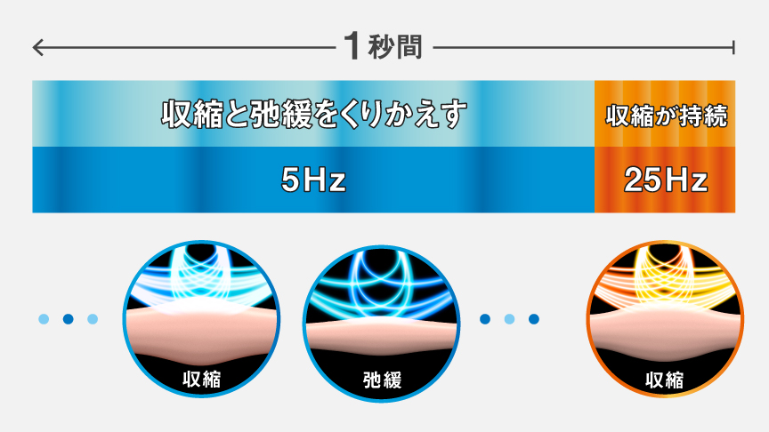 デュアルダイナミックEMS MIX：1秒間 収縮と弛緩をくりかえす 5 Hz,収縮が持続 25 Hz