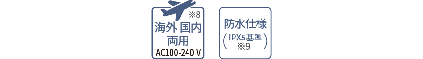 アイコン：海外国内両用,防水仕様