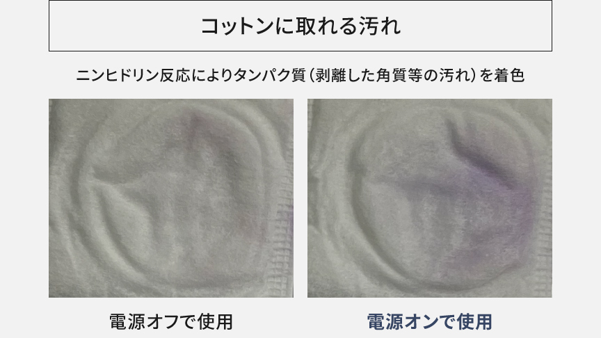 電源オン・オフで使用したコットンに取れる汚れの比較写真,ニンヒドリン反応によりタンパク質（剝離した角質等の汚れ）を着色。