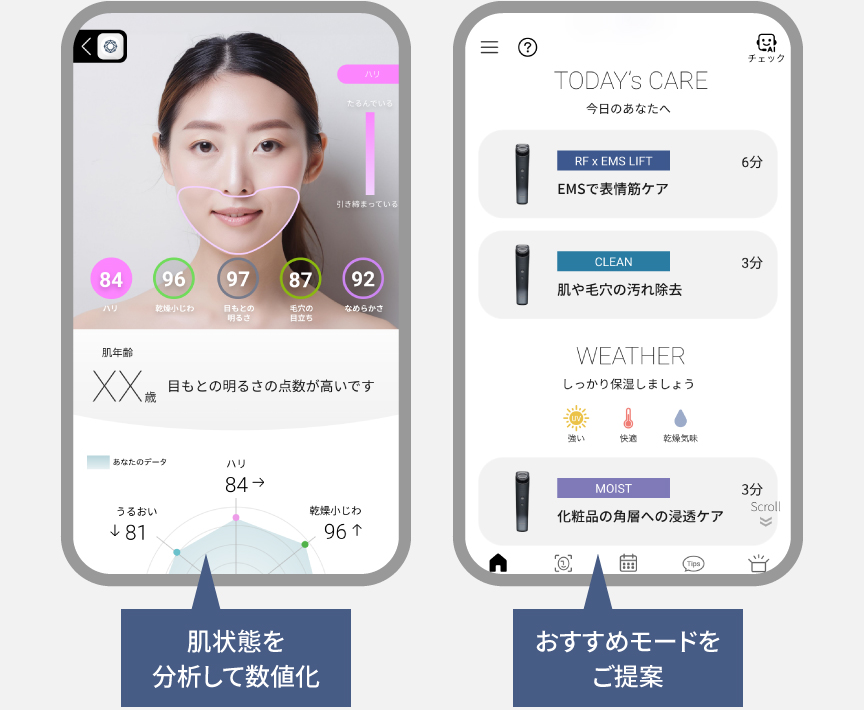 アプリ画面イメージ：肌状態を分析して数値化,おすすめモードをご提案
