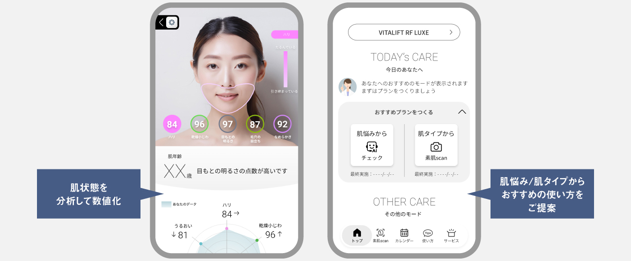 "with Panasonic Beauty"アプリ画面,肌状態を分析して数値化,肌悩み/肌タイプからおすすめの使い方をご提案