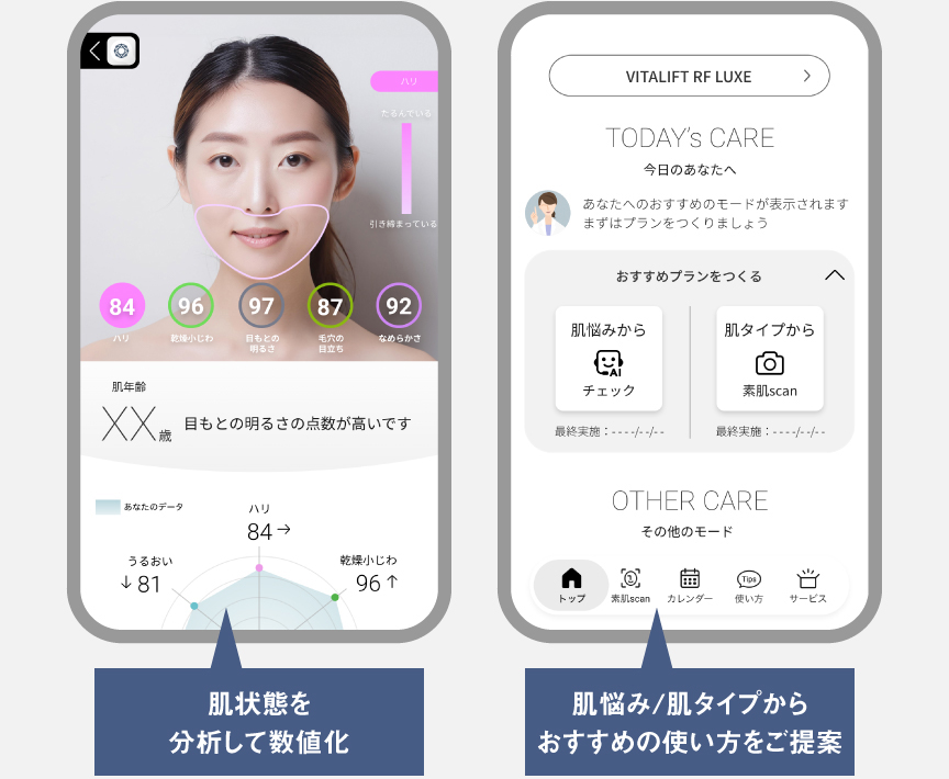 "with Panasonic Beauty"アプリ画面,肌状態を分析して数値化,肌悩み/肌タイプからおすすめの使い方をご提案