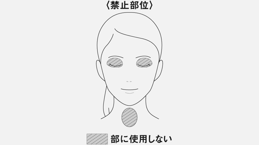 イラスト：使用禁止部位の図解。まぶた、喉部に使用しない