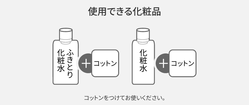 イラスト：使用できる化粧品：ふきとり化粧水＋コットン、化粧水＋コットン,コットンをつけてお使いください。