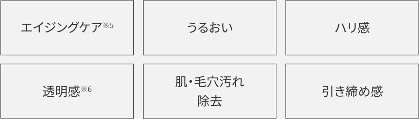 エイジングケア、うるおい、ハリ感、透明感、肌・毛穴汚れ除去、引き締め感