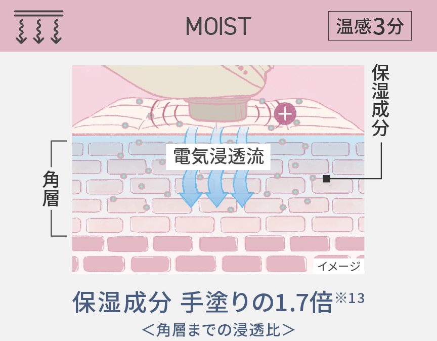 MOIST 温感3分 保湿成分手塗りの1.7倍＜角質層までの浸透比＞