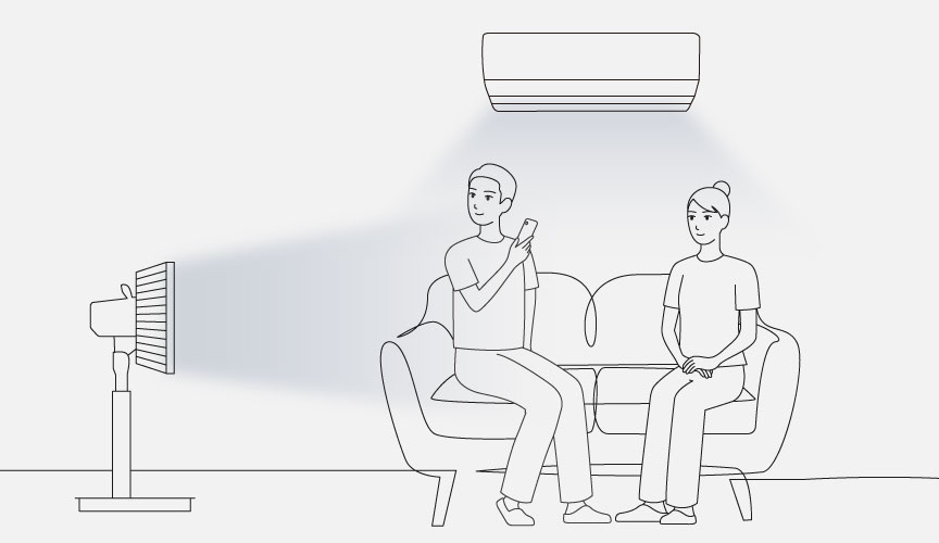 エアコンがついていても暑いと感じている人に、扇風機の風をあてているイメージ