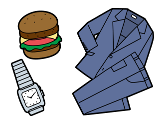 ハンバーグ、腕時計、スーツのイラスト