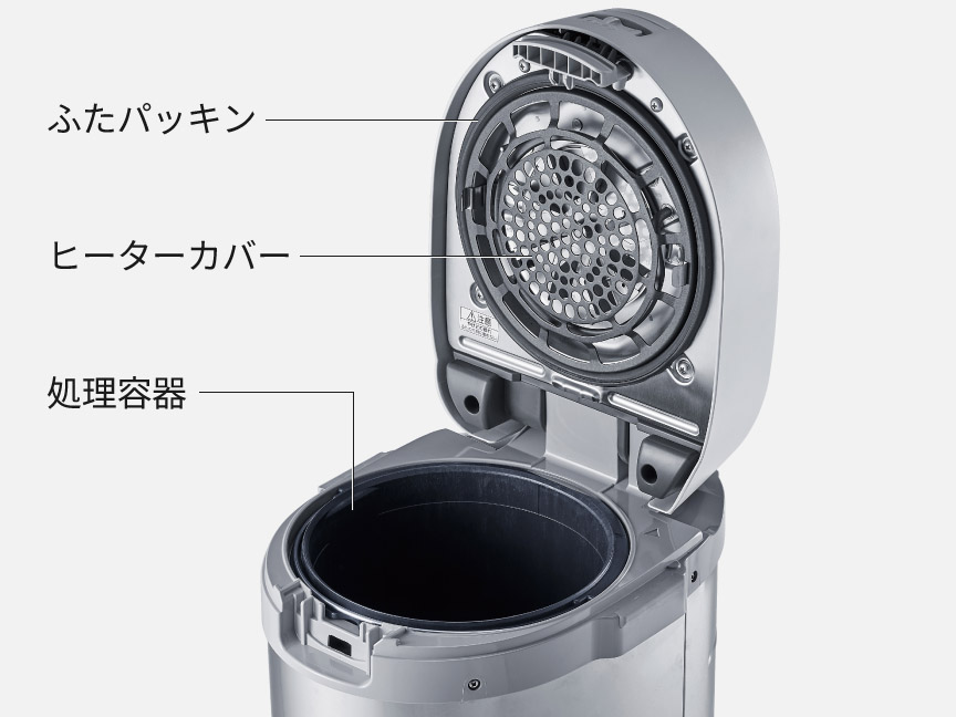 ふたを開けた状態・各部（ふたパッキン,ヒーターカバー,処理容器）