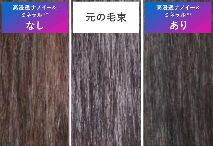 比較写真：元の毛束と、高浸透ナノイー＆ミネラルなし、高浸透ナノイー＆ミネラルありの比較。
