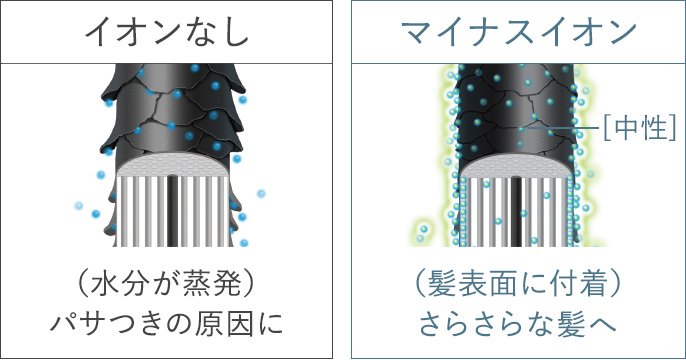 イオンなし：(水分が蒸発)パサつきの原因に マイナスイオン：(髪表面に付着)さらさらな髪へ