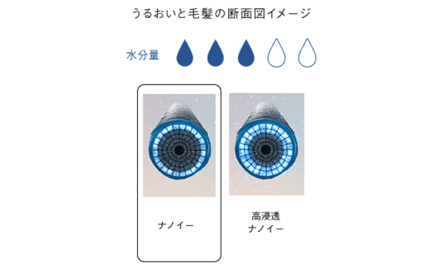 うるおいと毛髪の断面図イメージ　水分量マーク5段階中3個