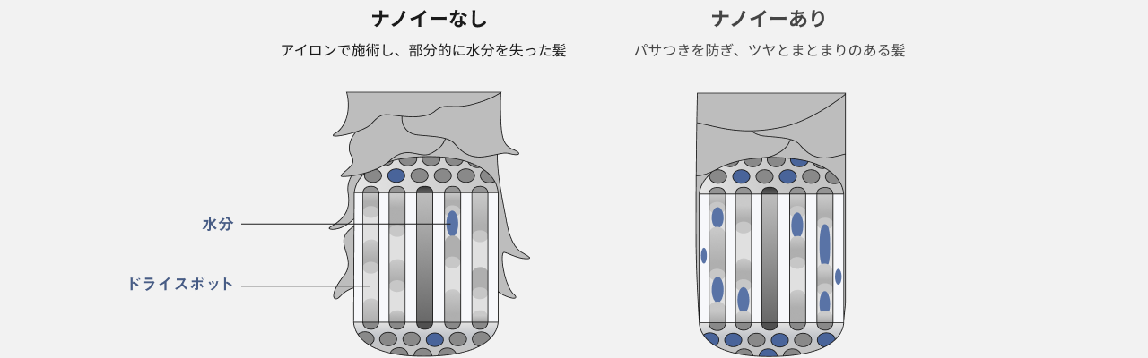 イラスト：毛髪内部のイメージ。ナノイーなし：アイロンで施術し、部分的に水分を失った髪。毛髪内のドライスポットに水分が少ない。ナノイーあり：パサつきを防ぎ、ツヤとまとまりのある髪。毛髪内のドライスポットに水分が多い。