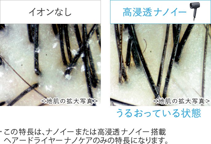 イオンなしと高浸透ナノイー(うるおっている状態)のイメージ<地肌の拡大写真> この特長は、ナノイーまたは高浸透ナノイー搭載ヘアードライヤーナノケアのみの特長になります。