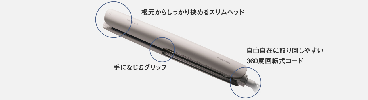解説図：根元からしっかり挟めるスリムヘッド。手になじむグリップ。自由自在に取り回しやすい360度回転式コード