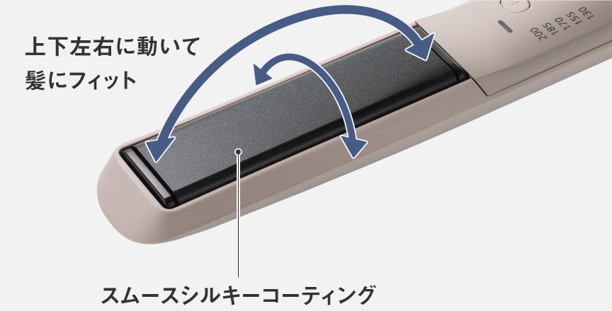 上下左右に動いて髪にフィット。スムースシルキーコーティングを採用。