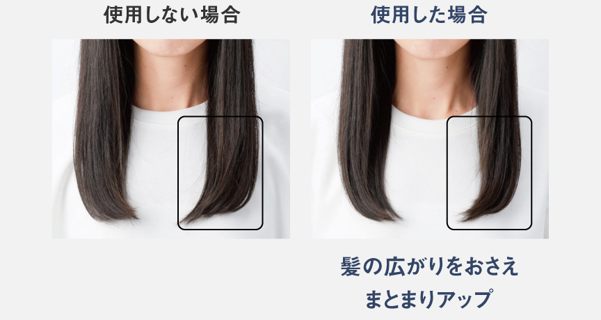 写真：毛先集中ケアモードを使用した場合と使用しない場合の比較イメージ,使用した場合は髪の広がりをおさえまとまりアップ