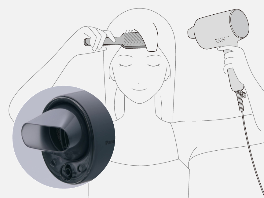 イラスト：セットノズルで前髪をセットしている所