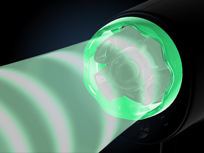 ナイトキャップノズル装着時の送風イメージ：髪の毛の暴れを抑える弱風