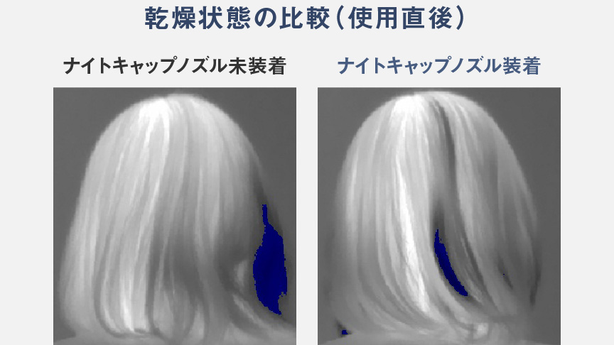 ナイトキャップノズル未装着時と装着時に、前日温風使用した際のサーモグラフ比較