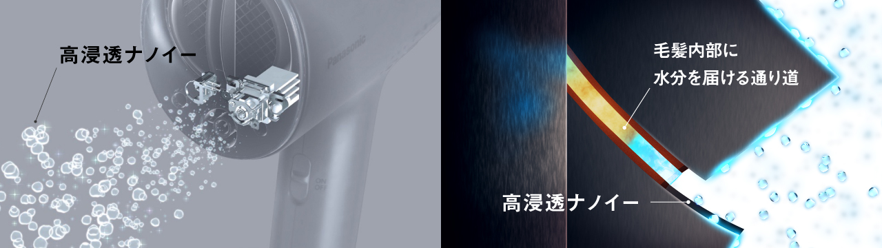 イメージ：高浸透ナノイーが毛髪内部に水分を届ける通り道に入る様子