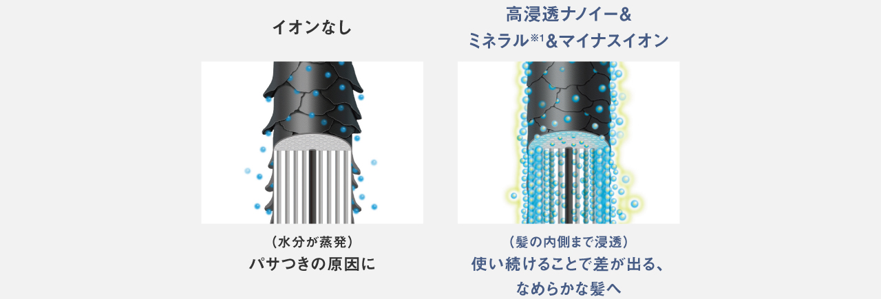 イラスト：イオンなしと高浸透ナノイー＆ミネラル※1＆マイナスイオンの比較イメージ。 イオンなしは水分が蒸発し、パサつきの原因に。 高浸透ナノイーは髪の内側まで浸透。使い続けることで差が出る、なめらかな髪へ