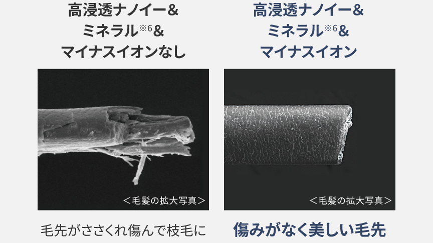 高浸透ナノイー＆ミネラル[MOISTメニュー]が、なしの場合：毛先がささくれ傷んで枝毛に,有りの場合：傷みがなく美しい毛先