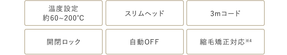 温度設定 約60～200℃,スリムヘッド,3mコード,開閉ロック,自動OFF,縮毛矯正対応(※4)