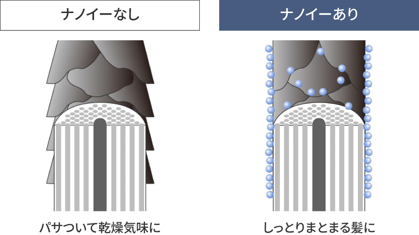 ナノイーなし、ナノイーありのキューティクル比較イメージ,パサついて乾燥気味に,しっとりまとまる髪に