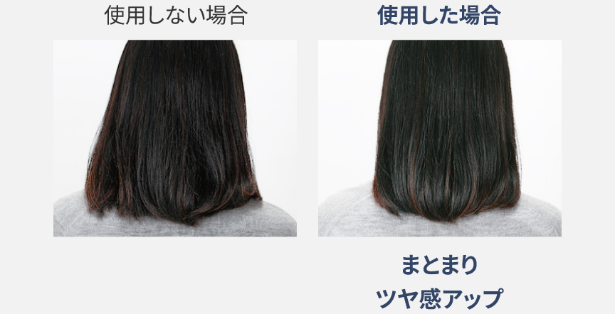 写真：使用した場合としない場合の髪のツヤ感比較。使用したほうがまとまり、ツヤ感アップ