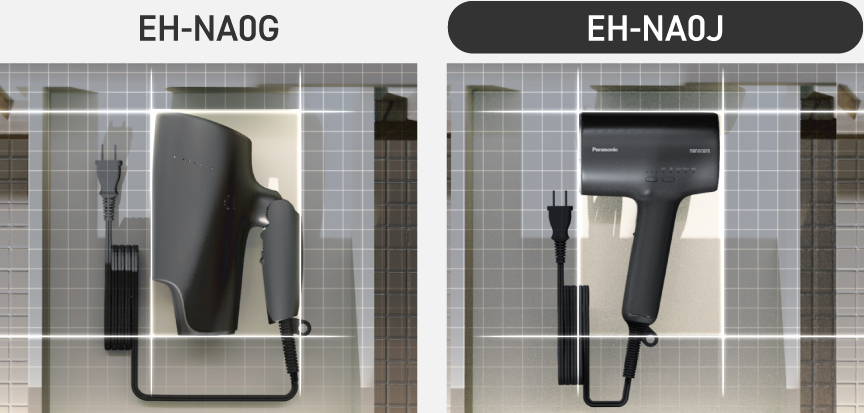 イメージ：EH-NA0JとEH-NA0Gの収納時の比較。EH-NA0Jは折りたたまずにそのまま収納できる。
