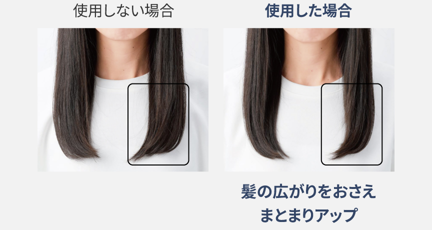 写真：毛先集中ケアモードを使用した場合と使用しない場合の比較。使用した方が髪の広がりがおさまり、まとまりアップ。