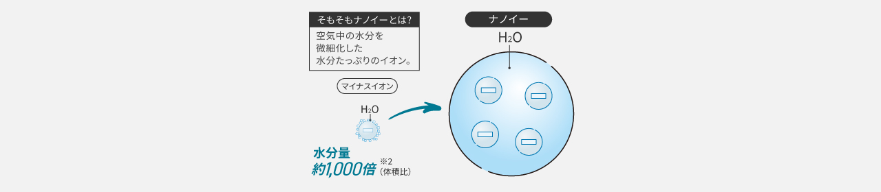そもそもナノイーとは？空気中の水分を微細化した水分たっぷりなイオン。