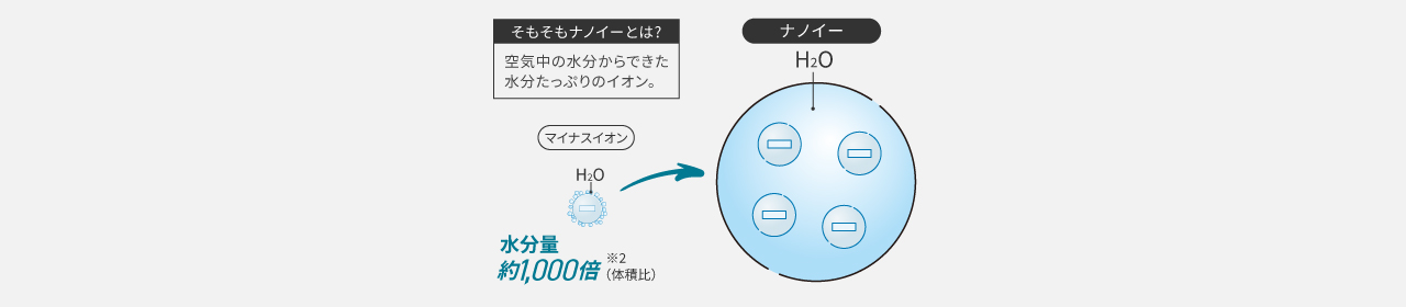 そもそもナノイーとは？空気中の水分を微細化した水分たっぷりなイオン。