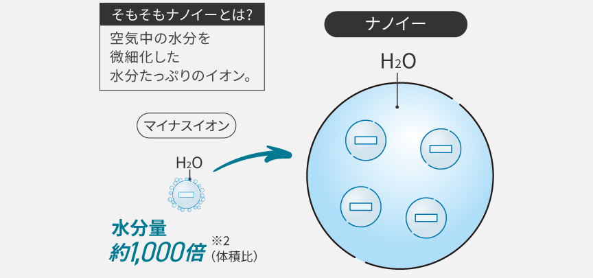 そもそもナノイーとは？空気中の水分を微細化した水分たっぷりなイオン。