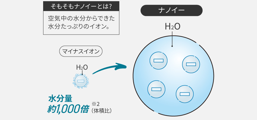 そもそもナノイーとは？空気中の水分を微細化した水分たっぷりなイオン。
