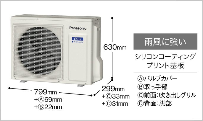 室外機の写真です。雨風に強いシリコンコーティングプリント基板。寸法は、横799㎜、バルブカバーは＋69㎜、取っ手部は＋22mm、高さ619㎜、奥行299㎜、全面吹き出しグリルは＋33㎜、背面の脚部は＋31㎜ですです。