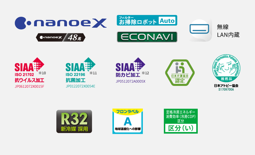 ナノイーX（48兆）、エオリアアプリ（無線LAN内蔵）、SIAA抗ウイルス加工※10※11、SIAA抗菌加工※11、SIAA防カビ加工※12、日本介護協会認定、日本アトピー協会推奨品、R32新冷媒採用、ZEH対応 区分い、フロンラベルA