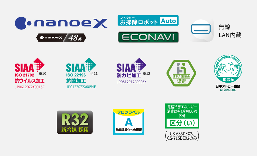 各種ロゴ。ナノイーX（48兆）、フィルターお掃除ロボットAuto、エコナビ、エオリアアプリ（無線LAN内蔵）、SIAA抗ウイルス加工※10※11、SIAA抗菌加工※11、SIAA防カビ加工※12、日本アトピー協会推奨品、日本製（付属品の一部を除く）、R32新冷媒採用、ZEH対応 区分い、グリーン購入法適合（CS-635DEX、CS-715DEX2のみ）、フロンラベルA