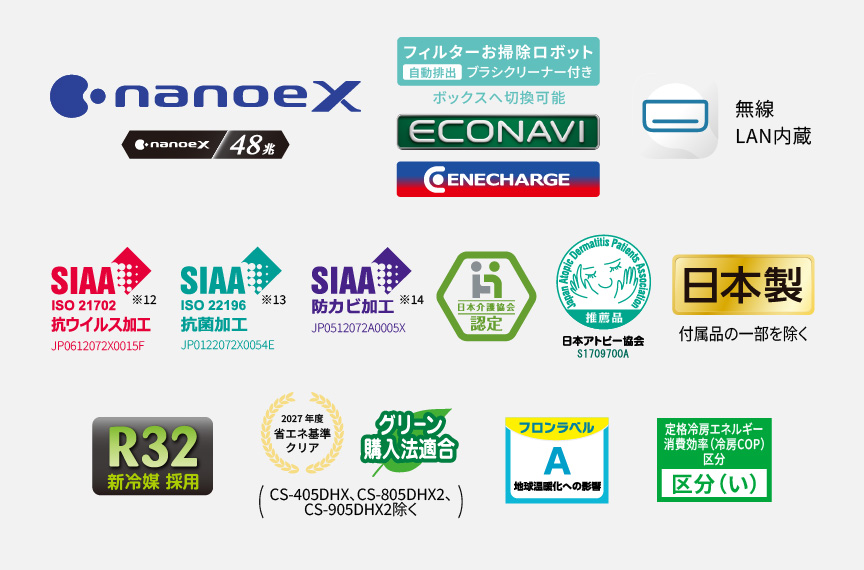 各種ロゴ。ナノイーX（48兆）、フィルターお掃除ロボット自動排出ブラシクリーナー付き（ボックスへ切換可能）、エコナビ、エネチャージ、エオリアアプリ（無線LAN内蔵）、SIAA抗ウイルス加工※12、SIAA抗菌加工※13、SIAA防カビ加工※14、日本介護協会認定、日本アトピー協会推奨品、日本製（付属品の一部を除く）、R32新冷媒採用、ZEH対応 区分い、グリーン購入法適合（CS-405DHX、CS-805DHX2、CS-905DHX2除く）、フロンラベルA