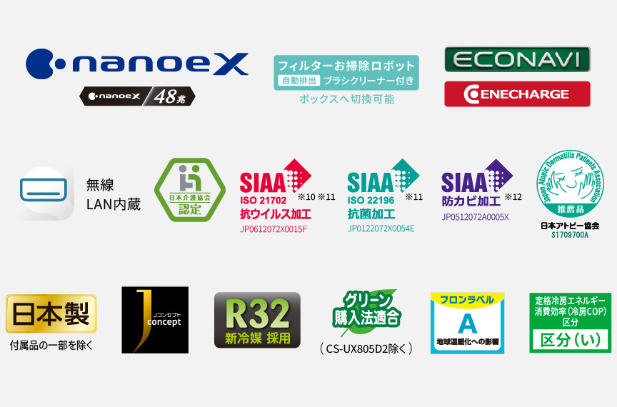 各種ロゴ。ナノイーX（48兆）、フィルターお掃除ロボットbox、エコナビ、エネチャージ、エオリアアプリ〔無線LAN内蔵〕、SIAA抗ウイルス加工、SIAA抗菌加工、SIAA防カビ加工、日本アトピー協会推奨品、日本製〔付属品の一部を除く〕、Jコンセプト,R32新冷媒採用、ZEH対応 区分い、グリーン購入法適合、フロンラベルA