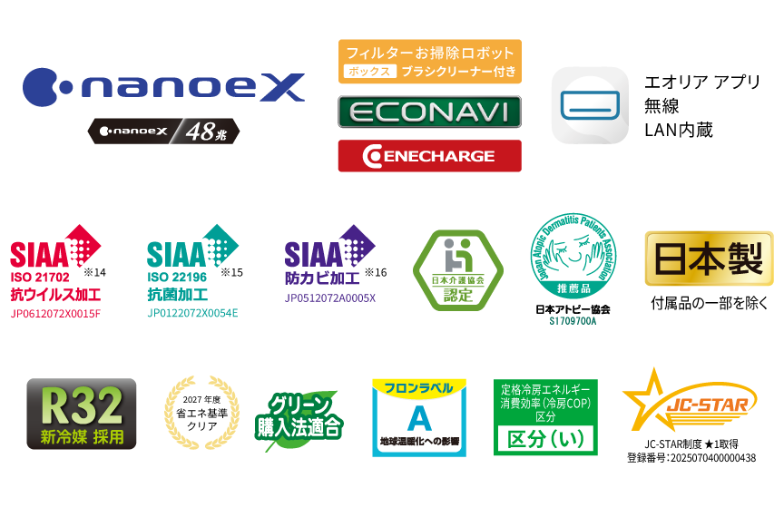 各種ロゴ。ナノイーX（48兆）、フィルターお掃除ロボットボックスブラシクリーナー付き、エコナビ、エネチャージ、エオリアアプリ（無線LAN内蔵）、SIAA抗ウイルス加工※14、SIAA抗菌加工※15、SIAA防カビ加工※16、日本介護協会認定、日本アトピー協会推奨品、日本製〔付属品の一部を除く〕、R32新冷媒採用、2027年度省エネ基準クリア・グリーン購入法適合、フロンラベルA、定格冷房エネルギー消費効率（冷房COP）区分 区分い、JC-STAR