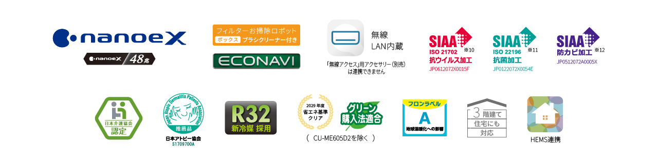 ナノイーX（9.6兆）、エオリアアプリ（無線LAN内蔵）、日本介護協会認定、日本アトピー協会推奨品、R32新冷媒採用、ZEH対応 区分い、フロンラベルA