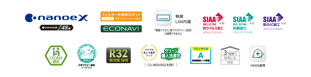 ナノイーX（9.6兆）、エオリアアプリ（無線LAN内蔵）、日本介護協会認定、日本アトピー協会推奨品、R32新冷媒採用、ZEH対応 区分い、フロンラベルA