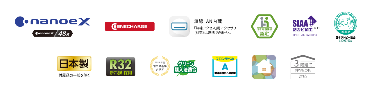 各種ロゴ。ナノイーX（48兆）、エオリアアプリ（無線LAN内蔵）、日本介護協会認定、日本アトピー協会推奨品、R32新冷媒採用、フロンラベルA、JC-STAR、2029年度省エネ基準クリア、HEMS連携、三階建て住居にも対応