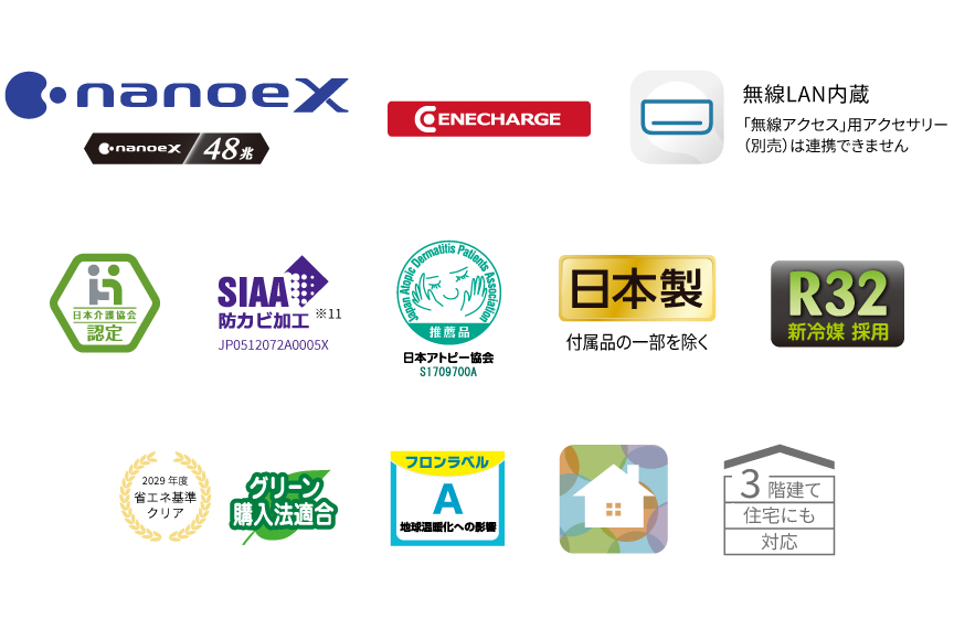 各種ロゴ。ナノイーX（48兆）、エオリアアプリ（無線LAN内蔵）、日本介護協会認定、日本アトピー協会推奨品、R32新冷媒採用、フロンラベルA、JC-STAR、2029年度省エネ基準クリア、HEMS連携、三階建て住居にも対応